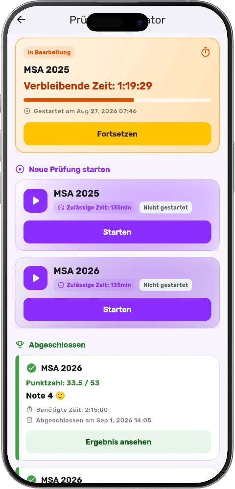 MatheApp Prüfungssimulator mit Countdown 135 Minuten, laufendem Versuch und Note 4
