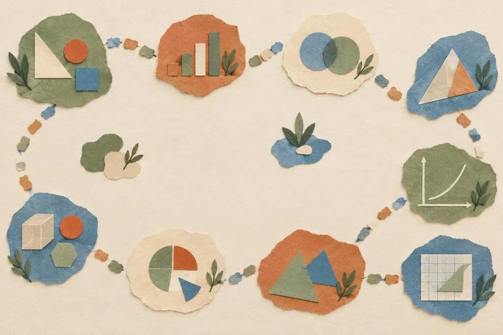 Papiercollage zum MSA-Mathe-Lernplan mit geometrischen Formen und Diagrammen entlang eines geschwungenen Pfads.