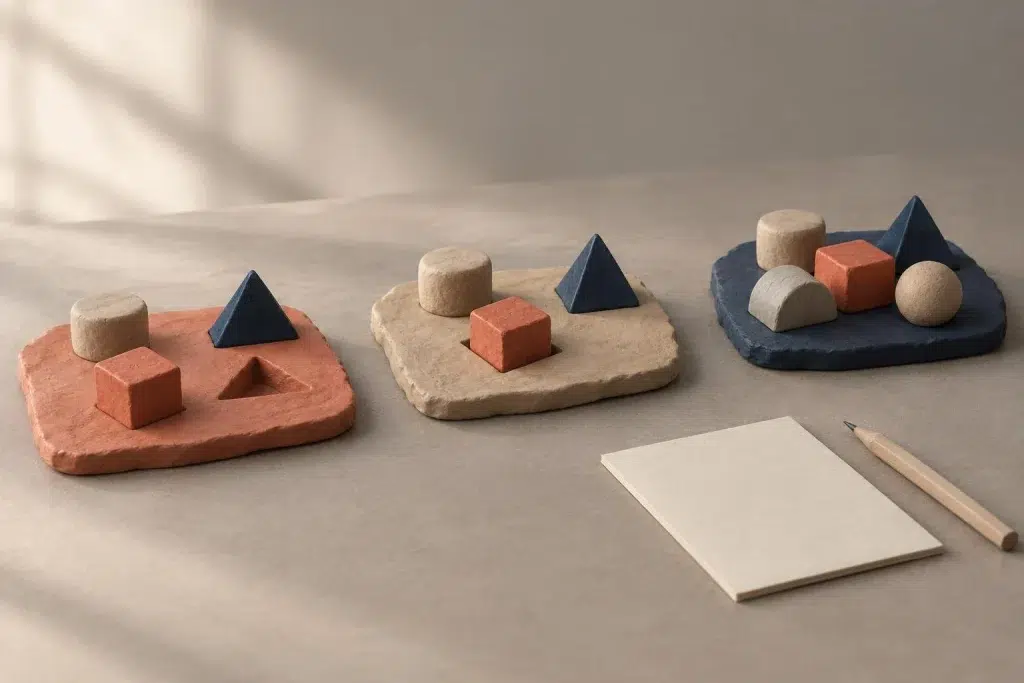 Drei Knetplatten mit geometrischen Formen stehen nebeneinander; davor liegen ein leeres Blatt und ein Bleistift.