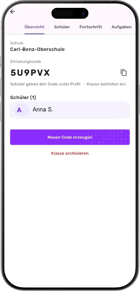 Lehrer-Klasse in der MatheApp mit Einladungscode