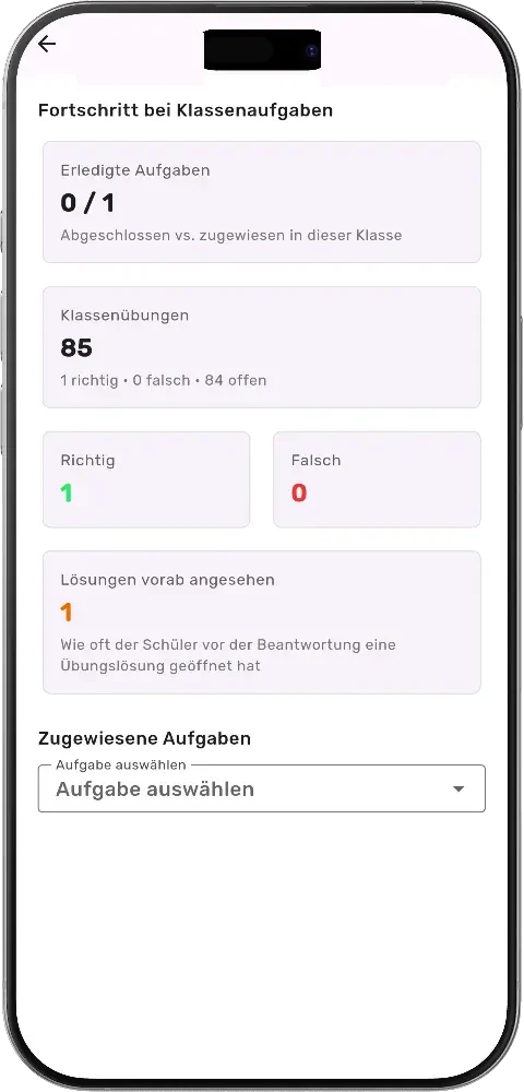 Schülerfortschritt bei Klassenaufgaben in der MatheApp