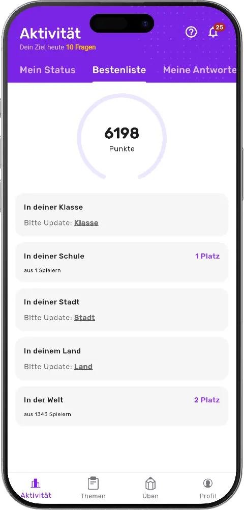 MatheApp Bestenliste mit Punktestand und Kategorien Klasse, Schule, Stadt, Land und Welt