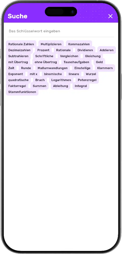 MatheApp Themensuche mit Suchfeld und Schlagwort-Chips wie Bruch, Gleichung, Integral und Ableitung