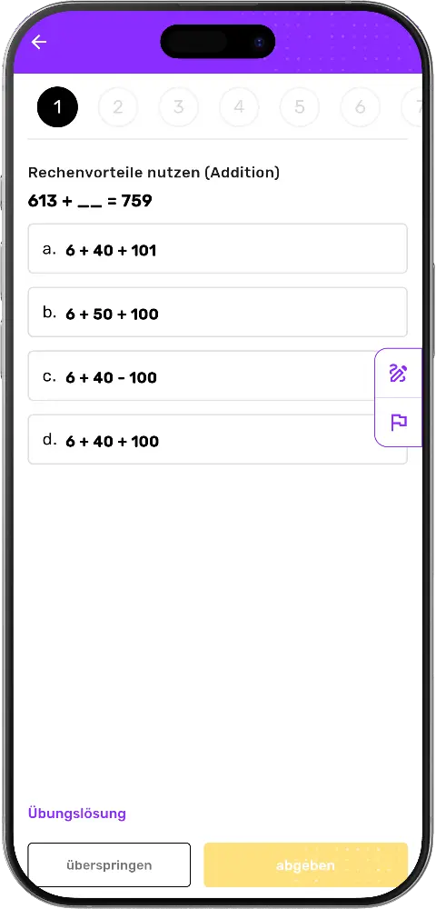 MatheApp Übungsbildschirm mit Fortschrittsleiste, Mehrfachauswahl, Whiteboard, Problem melden, überspringen und abgeben