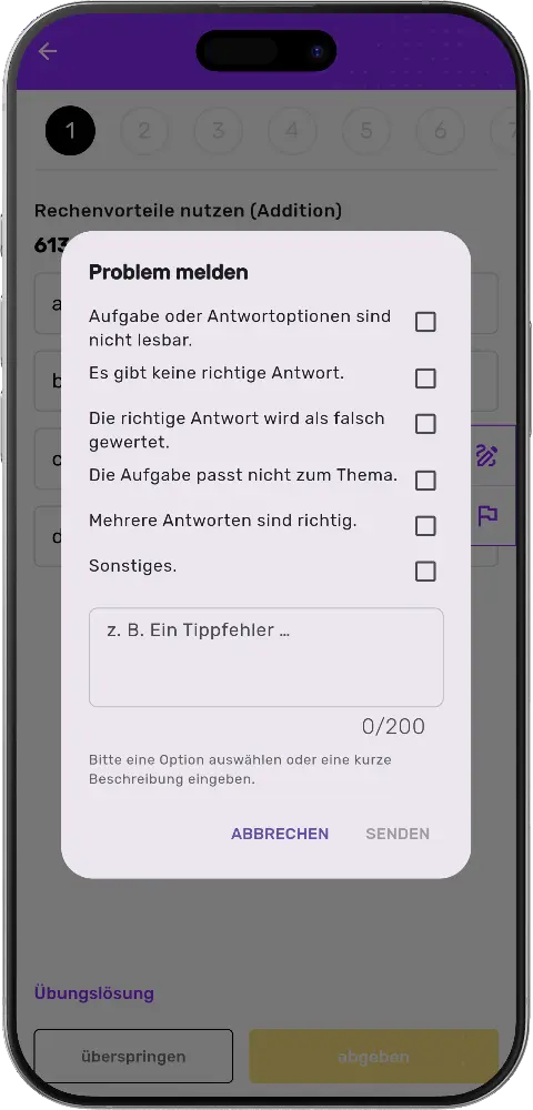 MatheApp Dialog Problem melden mit Auswahlgründen und Freitext bis 200 Zeichen