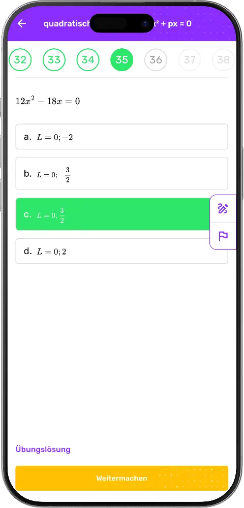 MatheApp richtige Antwort grün markiert mit Weitermachen-Button