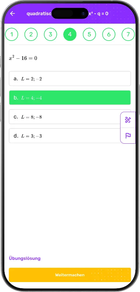 MatheApp korrekte Lösungsmenge bei quadratischer Gleichung grün hervorgehoben