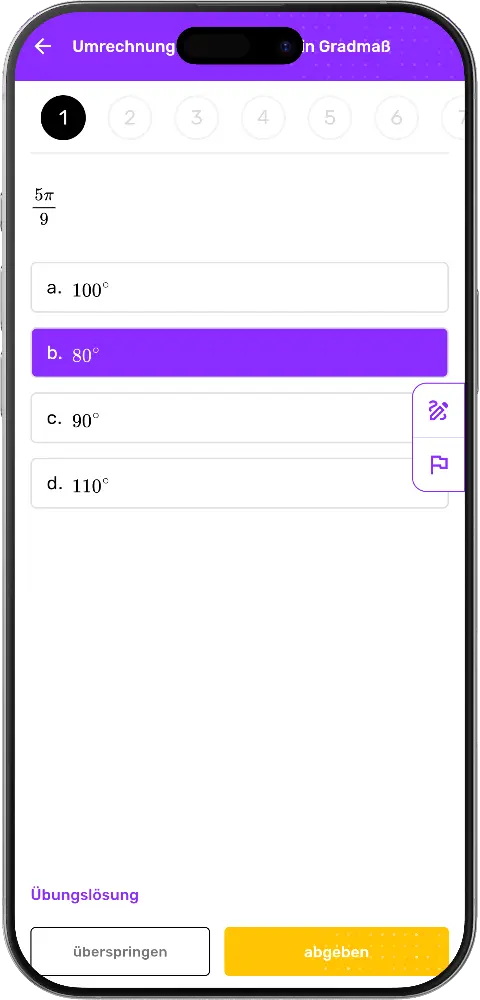 MatheApp ausgewählte Antwort hervorgehoben in Lila vor dem Abgeben