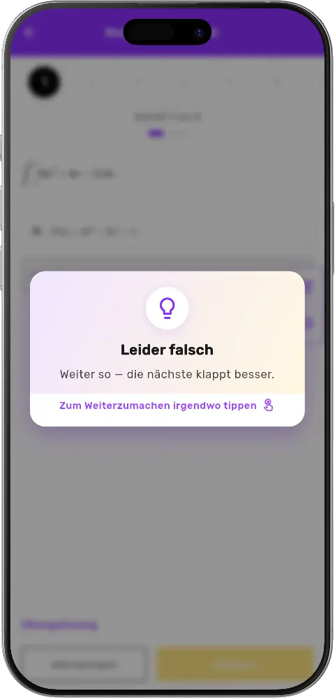MatheApp Overlay Leider falsch mit motivierendem Hinweis nach falscher Antwort