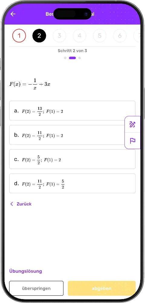 MatheApp Integral-Aufgabe Schritt 2 von 3: F(2) und F(1) einsetzen mit Zurück-Navigation