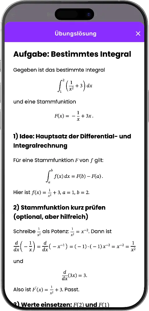 MatheApp KI-Übungslösung: Bestimmtes Integral mit Stammfunktion und Hauptsatz Schritt für Schritt erklärt
