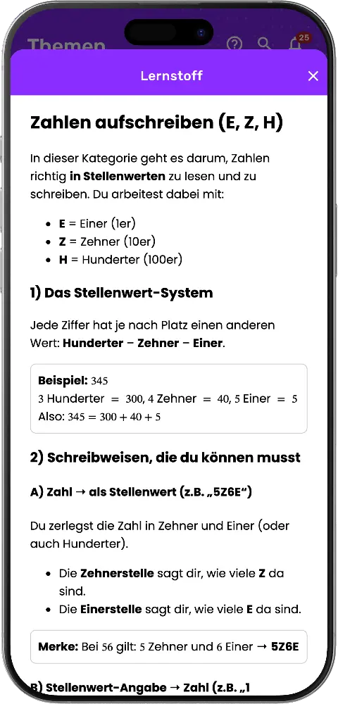 MatheApp Lernstoff-Ansicht: Stellenwertsystem mit Beispielen und Merksätzen zum Thema Zahlen aufschreiben