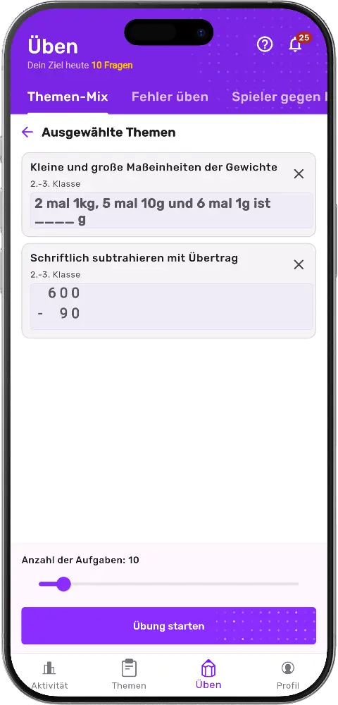 MatheApp Themen-Mix Ausgewählte Themen mit Schieberegler Anzahl der Aufgaben und Übung starten
