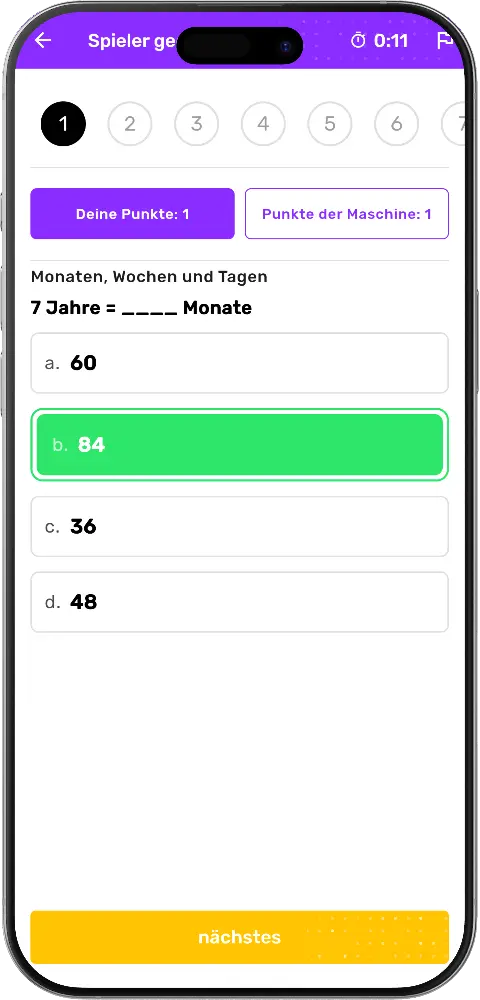 MatheApp Challenge gegen Maschine richtige Antwort grün markiert