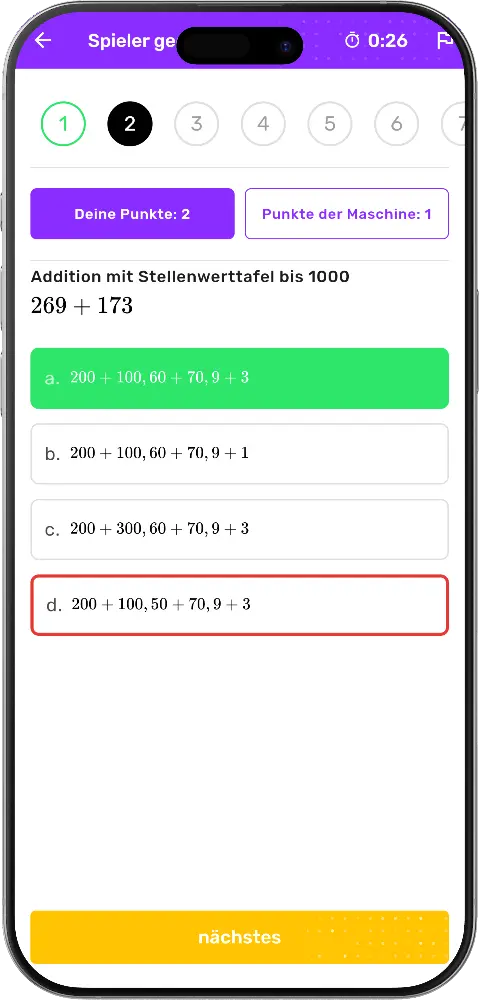 MatheApp Challenge Mehrstufige Aufgabe mit grünem richtigen Schritt