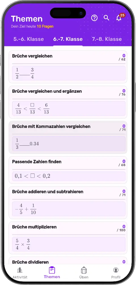 MatheApp Brüche-Themen in der Klassenstufen-Gruppe 6.-7. Klasse