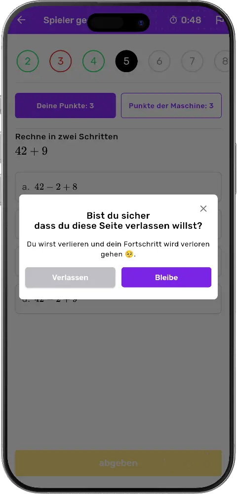 MatheApp Dialog Seite verlassen bei Challenge mit Verlassen und Bleibe