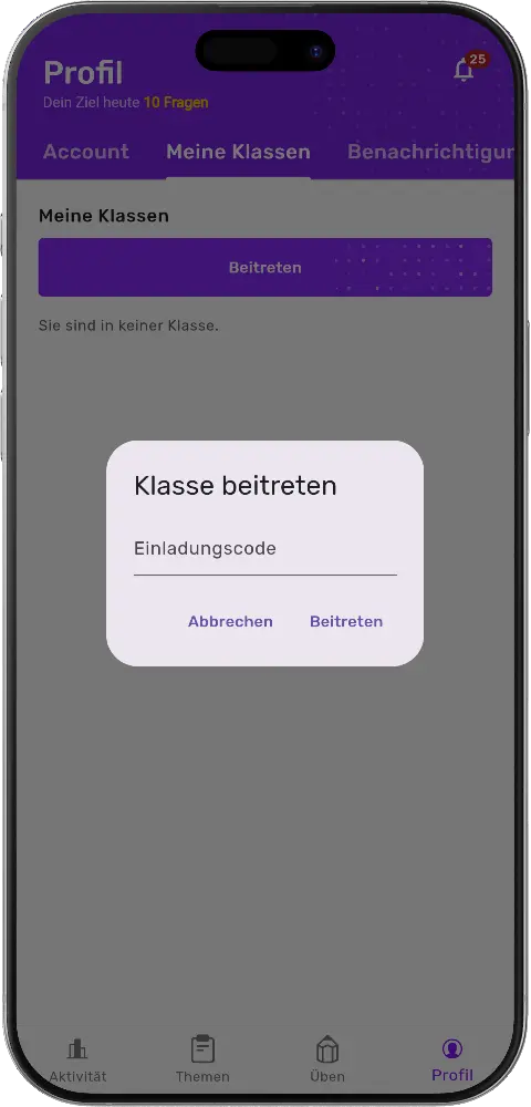 MatheApp Profil Meine Klassen Beitreten Dialog Einladungscode