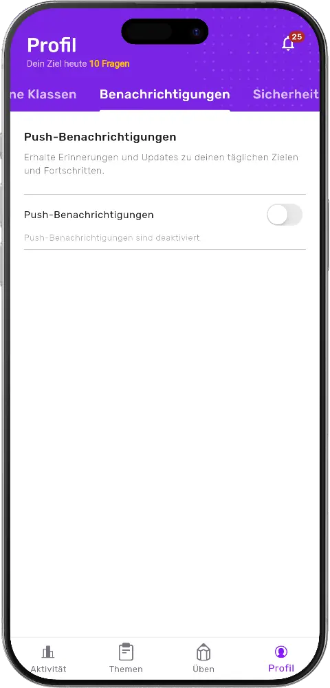MatheApp Profil Benachrichtigungen Tab mit Push-Benachrichtigungen Schalter