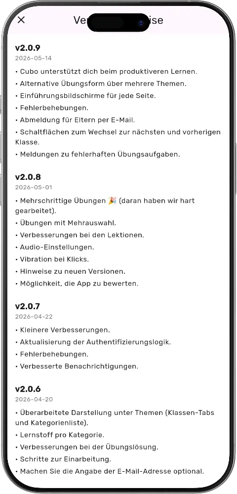 MatheApp Versionshinweise mit Versionen v2.0.9 v2.0.8 und Änderungsliste