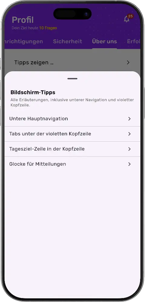 MatheApp Bildschirm-Tipps Liste mit Hauptnavigation Tabs Tagesziel und Glocke