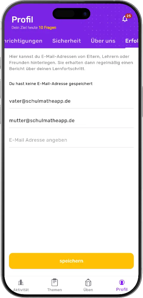 MatheApp Profil Erfolg teilen mit gespeicherten E-Mail-Adressen und speichern Button