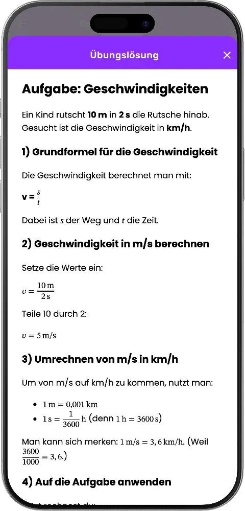 MatheApp KI-Übungslösung: Schritt-für-Schritt-Lösung zur Sachaufgabe Geschwindigkeiten mit Formeln und Umrechnung m/s in km/h