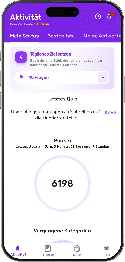 MatheApp Mein Status mit Tagesziel Letztes Quiz Punkte und Vergangene Kategorien