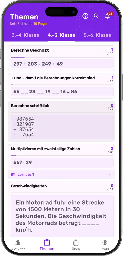 MatheApp Themen-Übersicht mit Klassenstufen-Tabs, Beispielaufgaben, Fortschrittsbalken und Lernstoff-Button