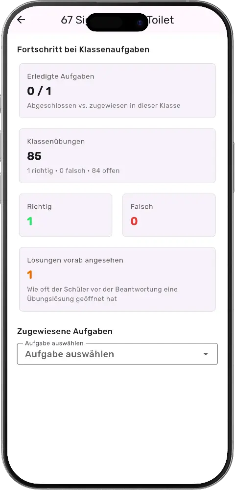 MatheApp Lehrer Schüler Fortschritt bei Klassenaufgaben richtig falsch Lösungen vorab