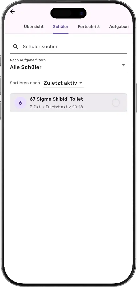 MatheApp Lehrer Schülerliste mit Suche Filter und Sortieren nach Zuletzt aktiv