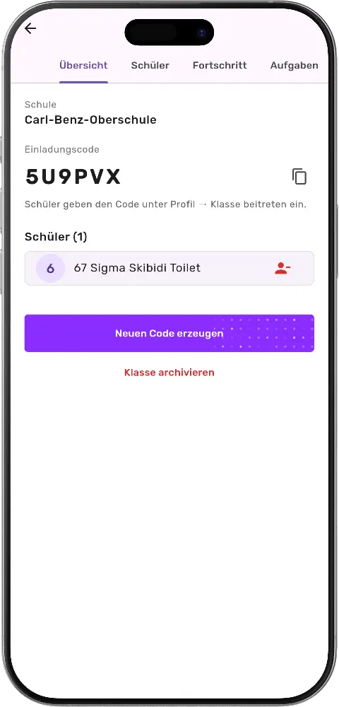 MatheApp Lehrer Klassen Übersicht Einladungscode 5U9PVX und Schülerliste