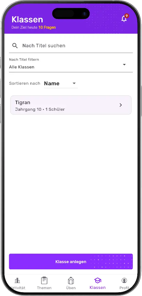 MatheApp Lehrer Klassen Liste mit Klasse anlegen und Jahrgang 10