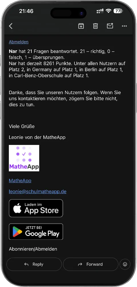 MatheApp täglicher E-Mail-Bericht mit Fragen richtig falsch übersprungen Punkte und Ranglisten