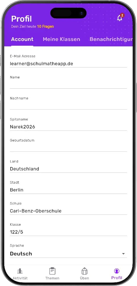 MatheApp Profil-Seite mit Account-Tab: Spitzname, Land, Stadt, Schule, Klasse und Sprache
