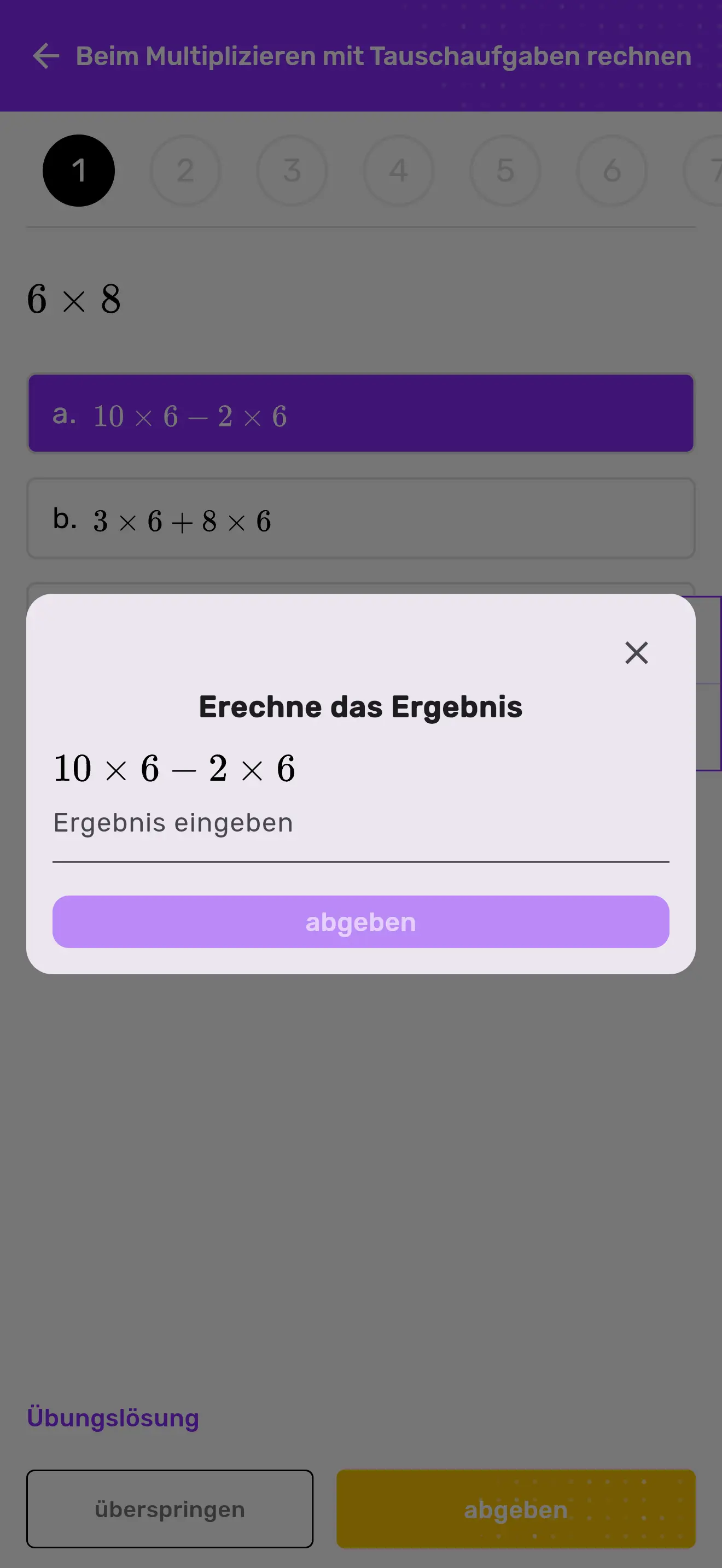 MatheApp Ergebnis-Eingabe: Nach Strategiewahl Ergebnis der Rechnung 10×6 − 2×6 manuell eingeben