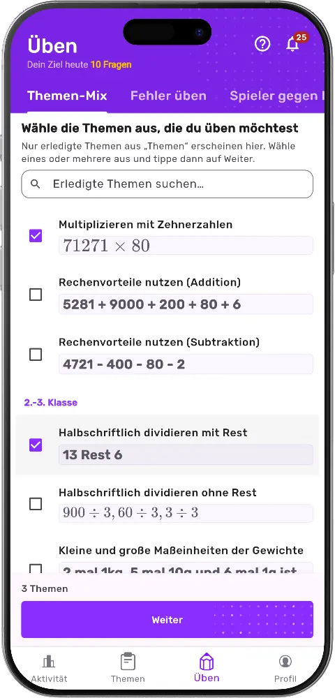 MatheApp Themen-Mix: drei Themen per Checkbox ausgewählt, gruppiert nach Klassenstufe