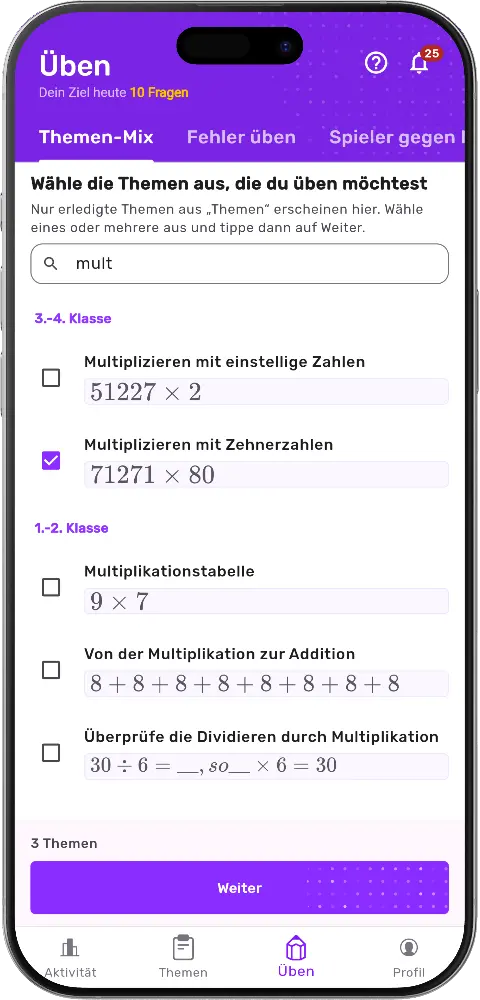 MatheApp Themen-Mix Suche nach mult filtert Multiplikations-Themen