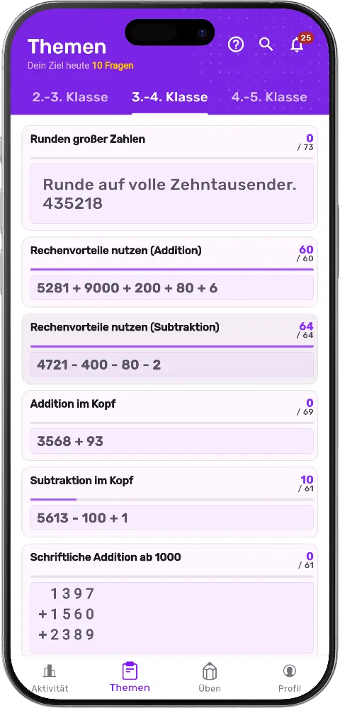 MatheApp Themen nach Klassenstufen gruppiert: Tab 3.-4. Klasse mit Themen wie Runden, Rechenvorteile und Kopfrechnen