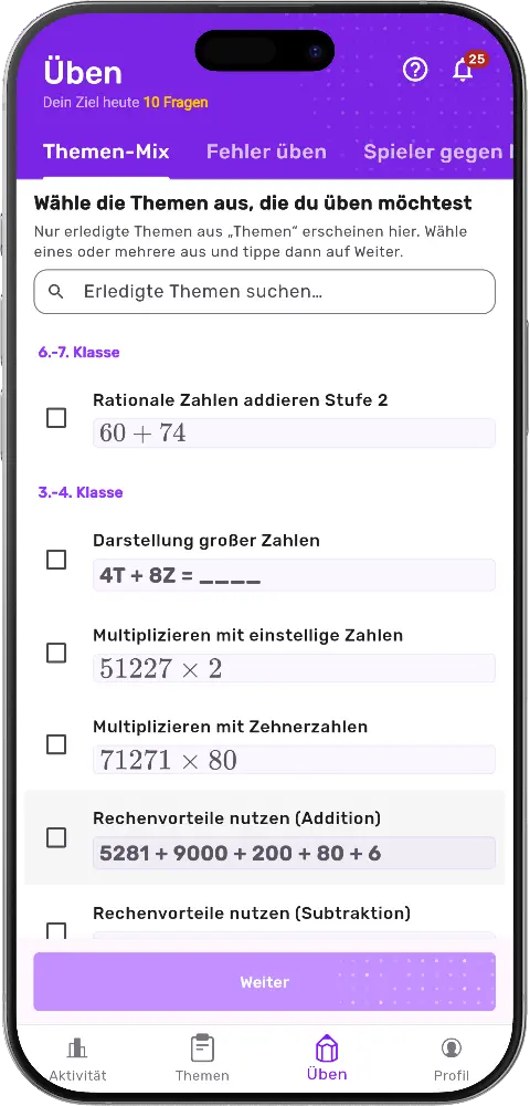 MatheApp Themen-Mix: Auswahl erledigter Themen nach Klassenstufe mit Suche und Weiter-Button