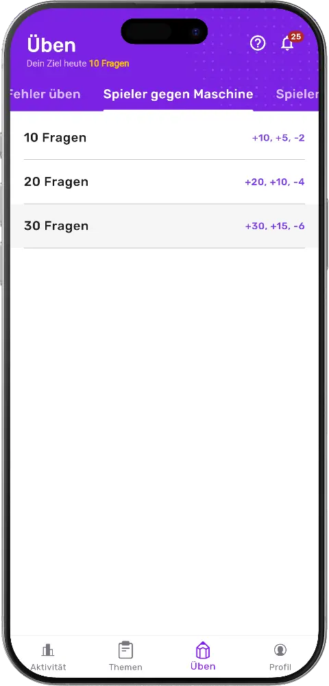 MatheApp Üben Spieler gegen Maschine mit 10 20 30 Fragen und Punkteangaben