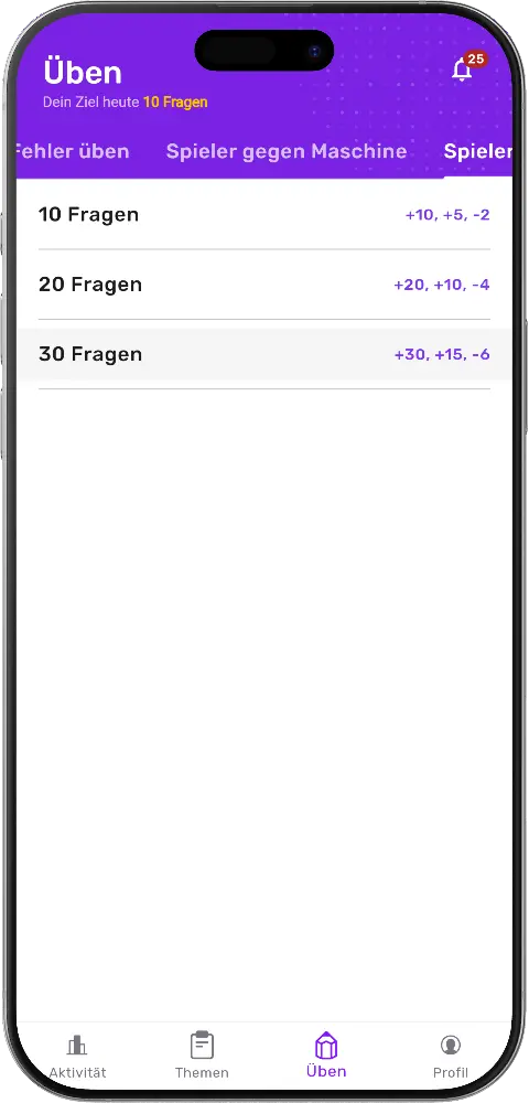 MatheApp Challenge Spieler gegen Maschine Auswahl 10 20 oder 30 Fragen