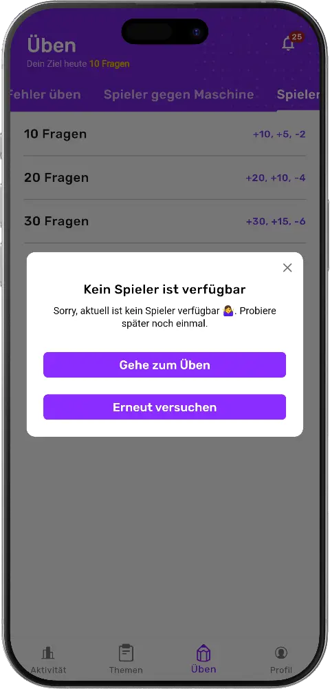 MatheApp Kein Spieler verfügbar Dialog mit Erneut versuchen
