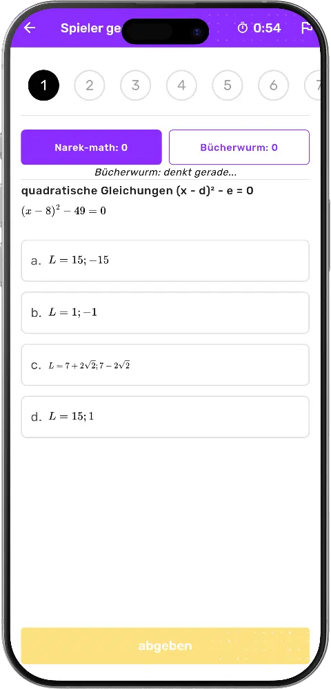 MatheApp Duell Narek-math gegen Bücherwurm Gegner denkt gerade