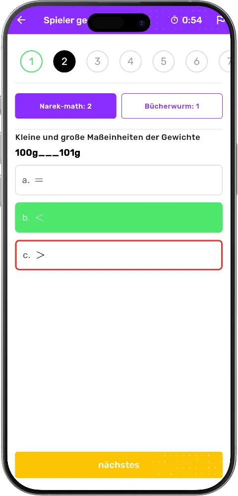 MatheApp Duell falsche und richtige Antwort bei Gewichtsvergleich