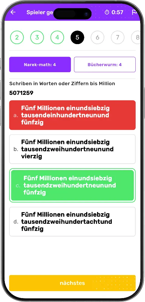 MatheApp Duell Stand 4 zu 4 bei Zahl in Worten