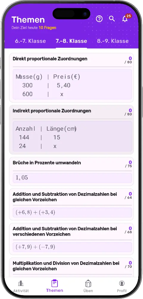MatheApp Beispielaufgaben zu proportionalen Zuordnungen und Dezimalzahlen in der 7.-8. Klasse