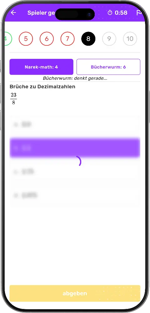 MatheApp Duell Gegner denkt bei Bruch zu Dezimalzahl
