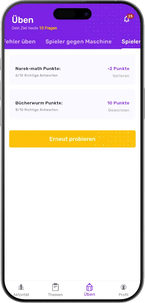 MatheApp Challenge Ergebnis Narek-math verloren Bücherwurm gewonnen Erneut probieren