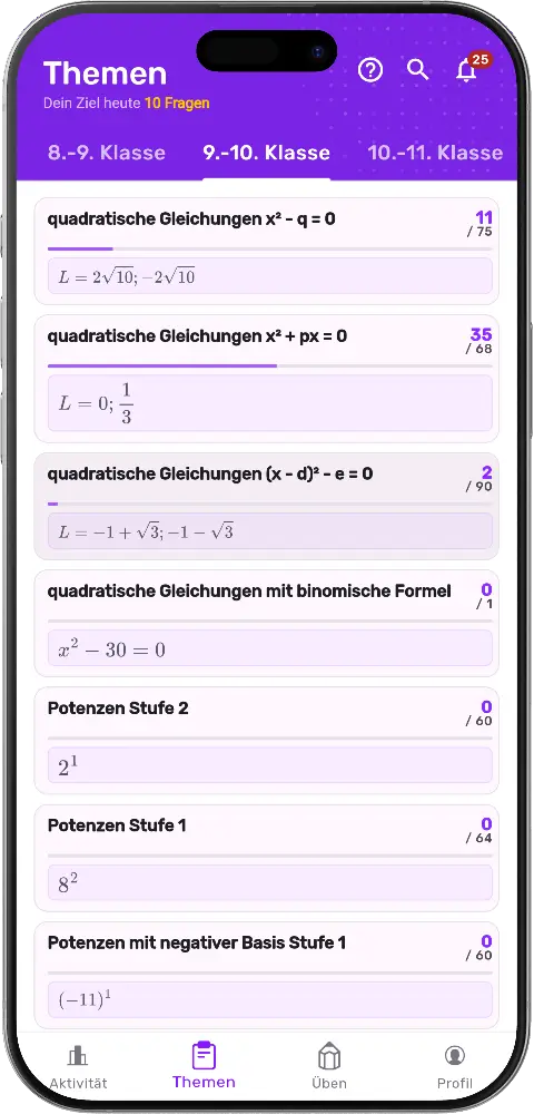 MatheApp Schulprogramm 9.-10. Klasse: quadratische Gleichungen und Potenzen